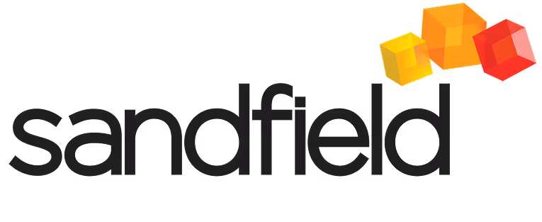 Sandfield company logo with three overlapping geometric cubes in yellow, orange, and red.