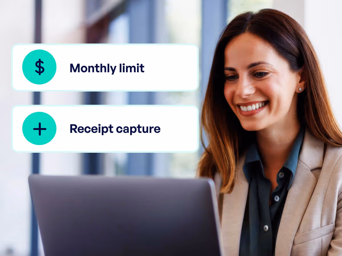 Smiling woman using laptop with overlay showing app options: Monthly limit and Receipt capture.