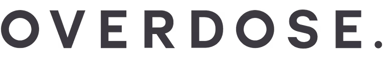 The word OVERDOSE in large, bold uppercase letters with a period at the end on a white background.