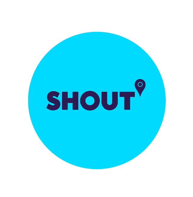 Logo with the word 'SHOUT' in bold dark blue letters inside a bright blue circle, with a map location pin replacing the apostrophe.