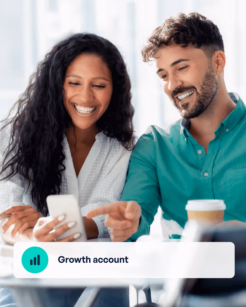 Two smiling people looking at a smartphone, with a caption that reads 'Growth account'.