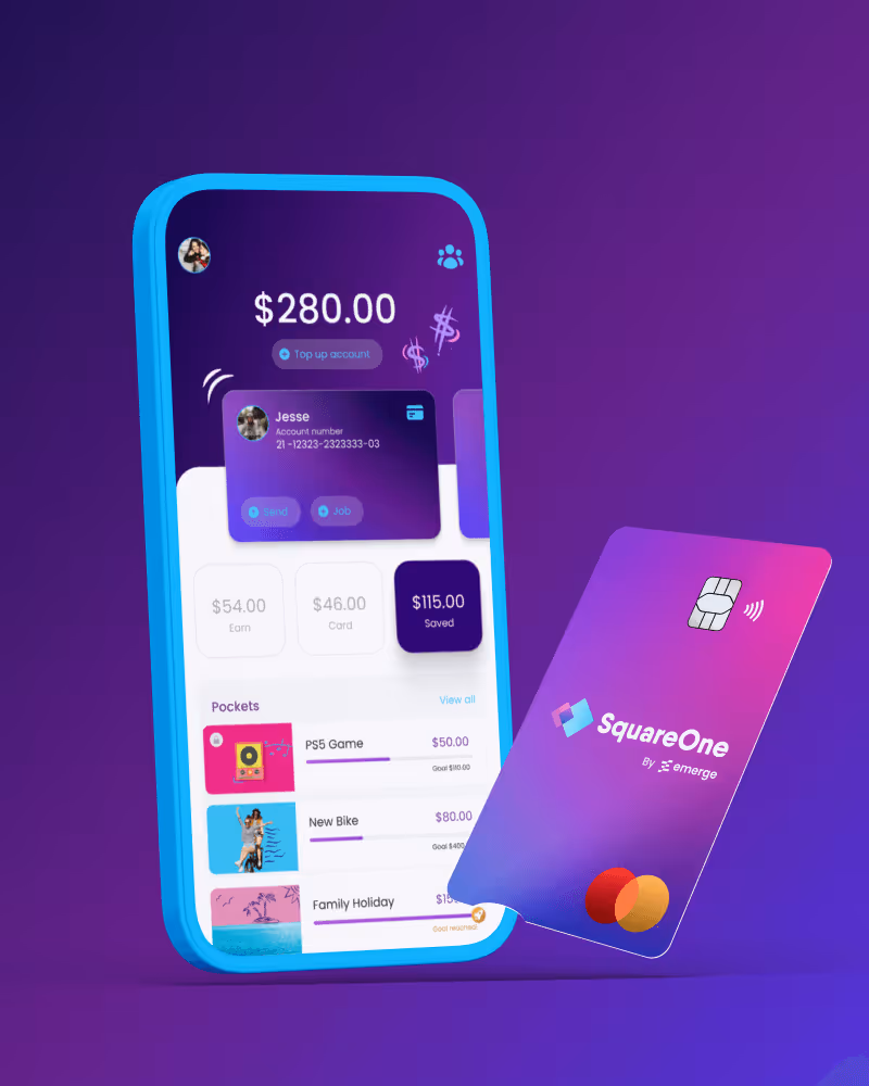 Mobile banking app interface showing a $280.00 balance, account details, and savings pockets for a PS5 game, new bike, and family holiday alongside a purple SquareOne Mastercard.