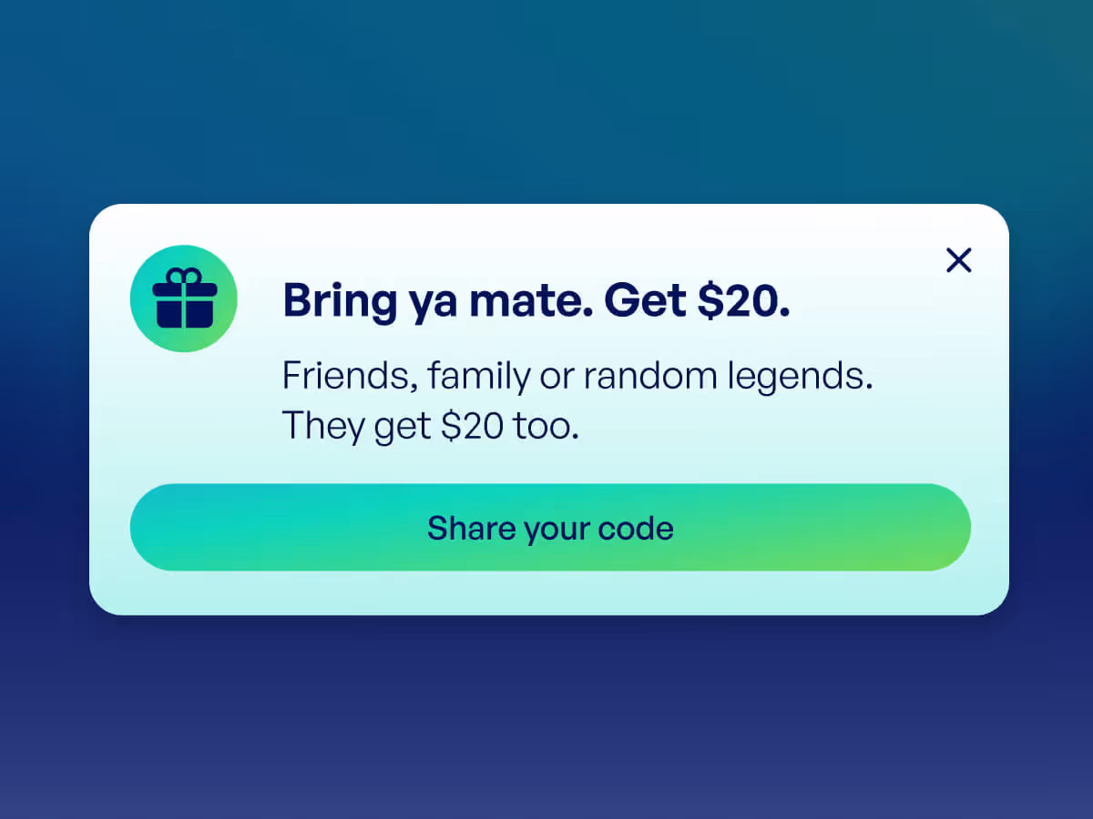 Promotion popup offering $20 for referring friends, family, or random legends and they get $20 too, with a button to share your code.