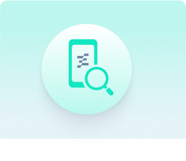 Icon of a smartphone with a magnifying glass inspecting it, symbolizing mobile search or inspection.