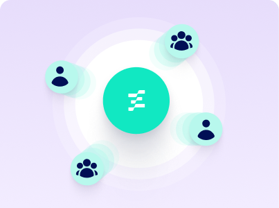 Central turquoise circle with a white abstract logo connected to four smaller circles with user icons representing individual and group users.