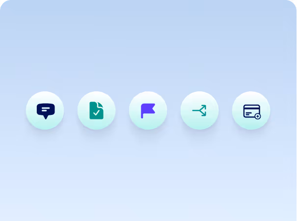 A row of five circular icons on a blue gradient background representing chat, file with checkmark, flag, share, and credit card with plus symbol.