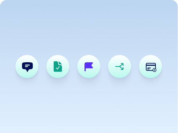 A row of five circular icons on a blue gradient background representing chat, file with checkmark, flag, share, and credit card with plus symbol.