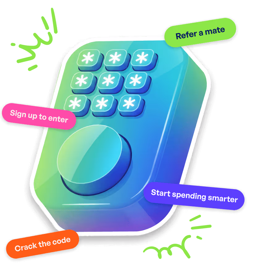 Illustration of a gradient blue keypad device with nine buttons marked by asterisks, a large round dial, and colorful text labels saying 'Refer a mate,' 'Sign up to enter,' 'Start spending smarter,' and 'Crack the code.'