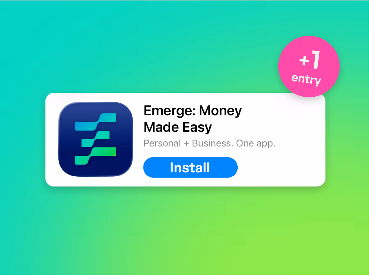 App advertisement for Emerge: Money Made Easy with a blue and green stylized E logo, an Install button, and a pink circle indicating +1 entry.