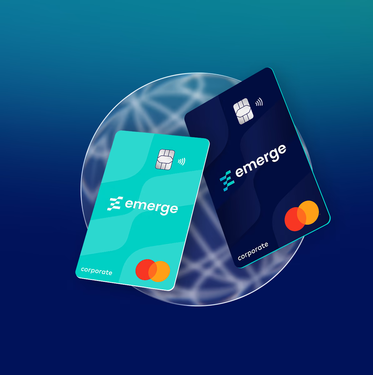 Two Emerge corporate Mastercard credit cards, one teal and one dark blue, on a blue background.