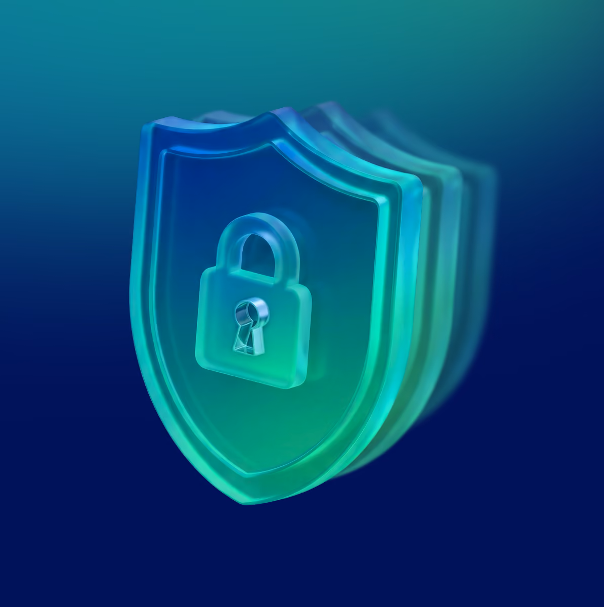 Translucent blue-green shield with a padlock symbol, representing security or protection.