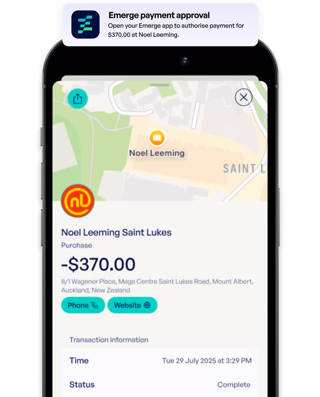 Mobile screen showing a $370 purchase at Noel Leeming Saint Lukes with map and transaction details.