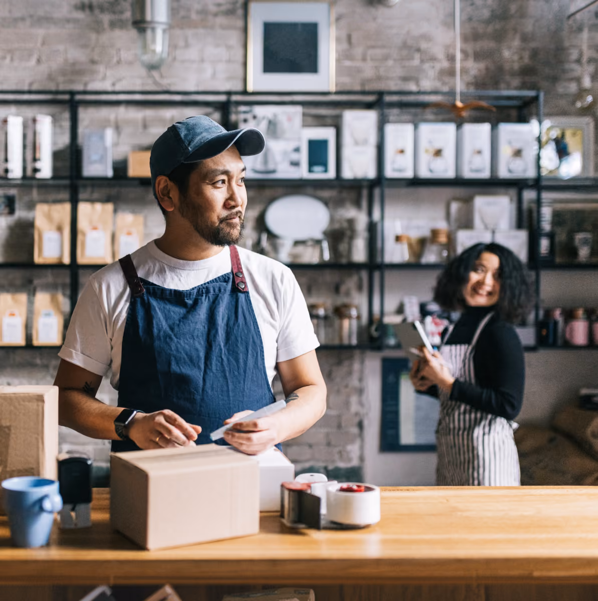 Man wearing apron and cap packing boxes in a store with a smiling woman in apron in the background.
