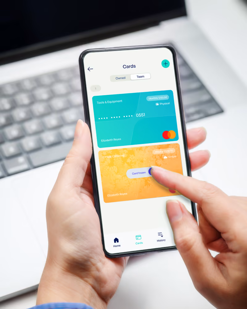 Hand holding smartphone showing business expense cards, one card being frozen in app.