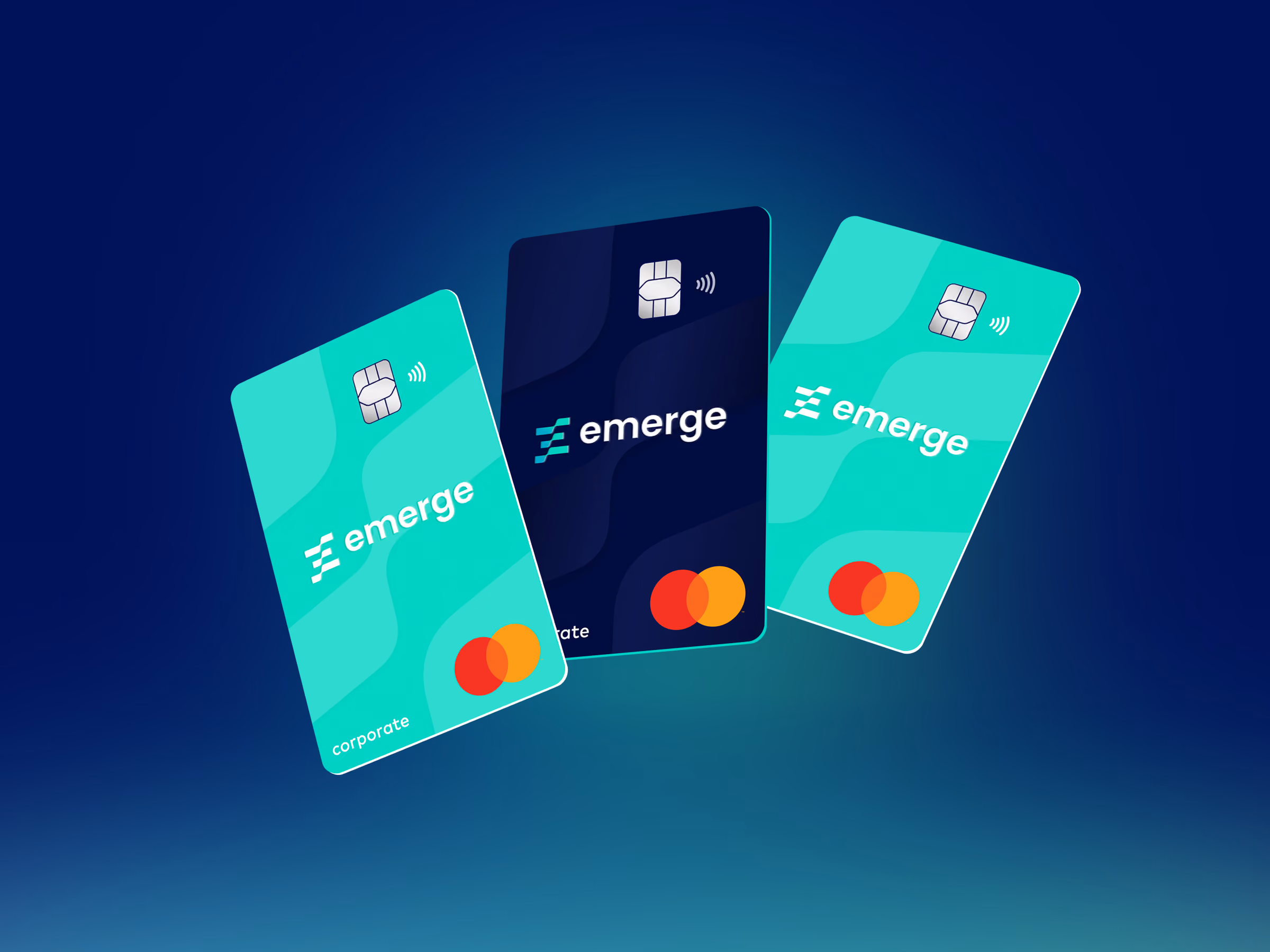 Three Emerge Mastercard credit cards with chip and contactless icons, in teal and dark blue colors.