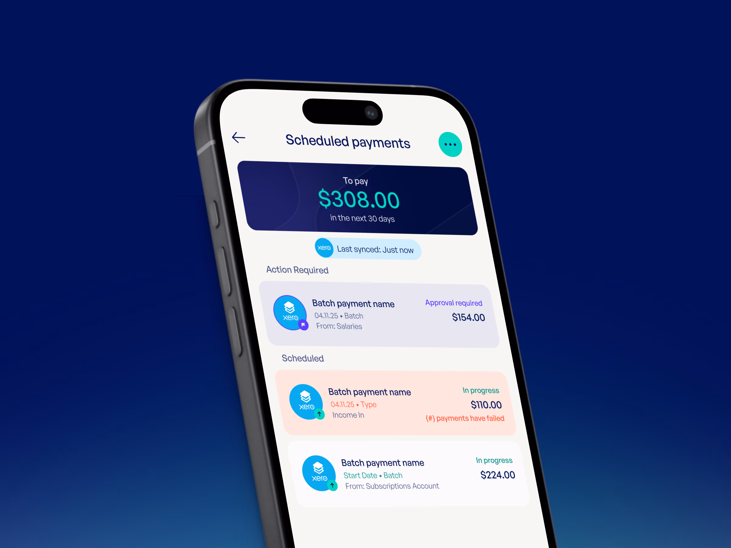 Mobile screen showing scheduled payments with totals, status, and actions needed in a payment app.