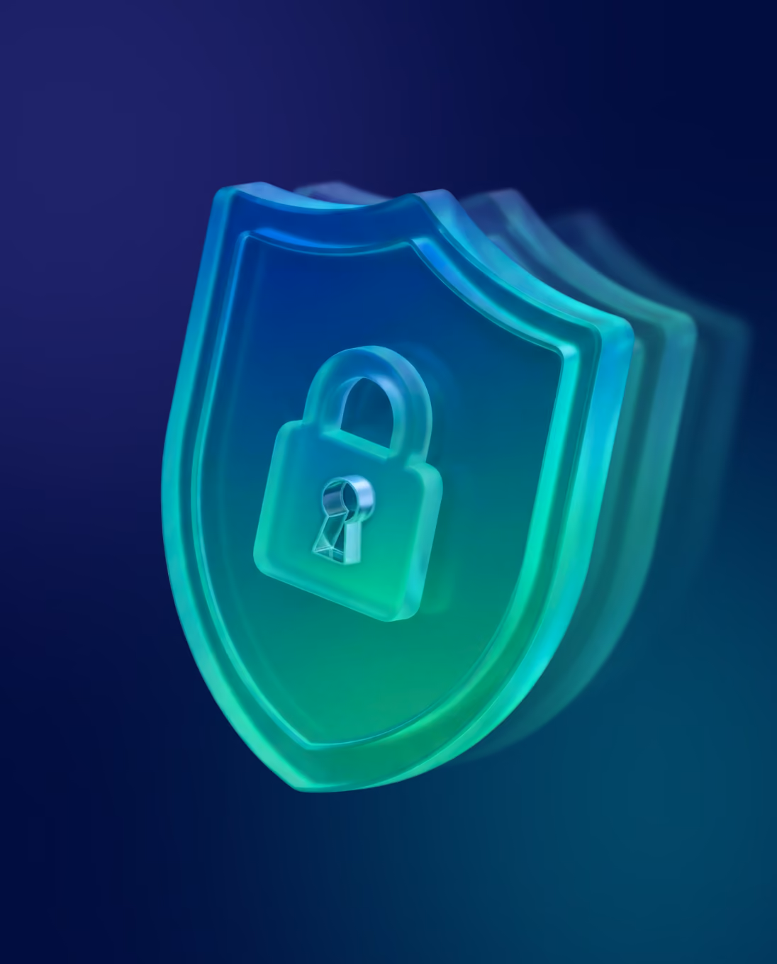 Glowing blue and green shield with a padlock icon symbolizing security against dark background.