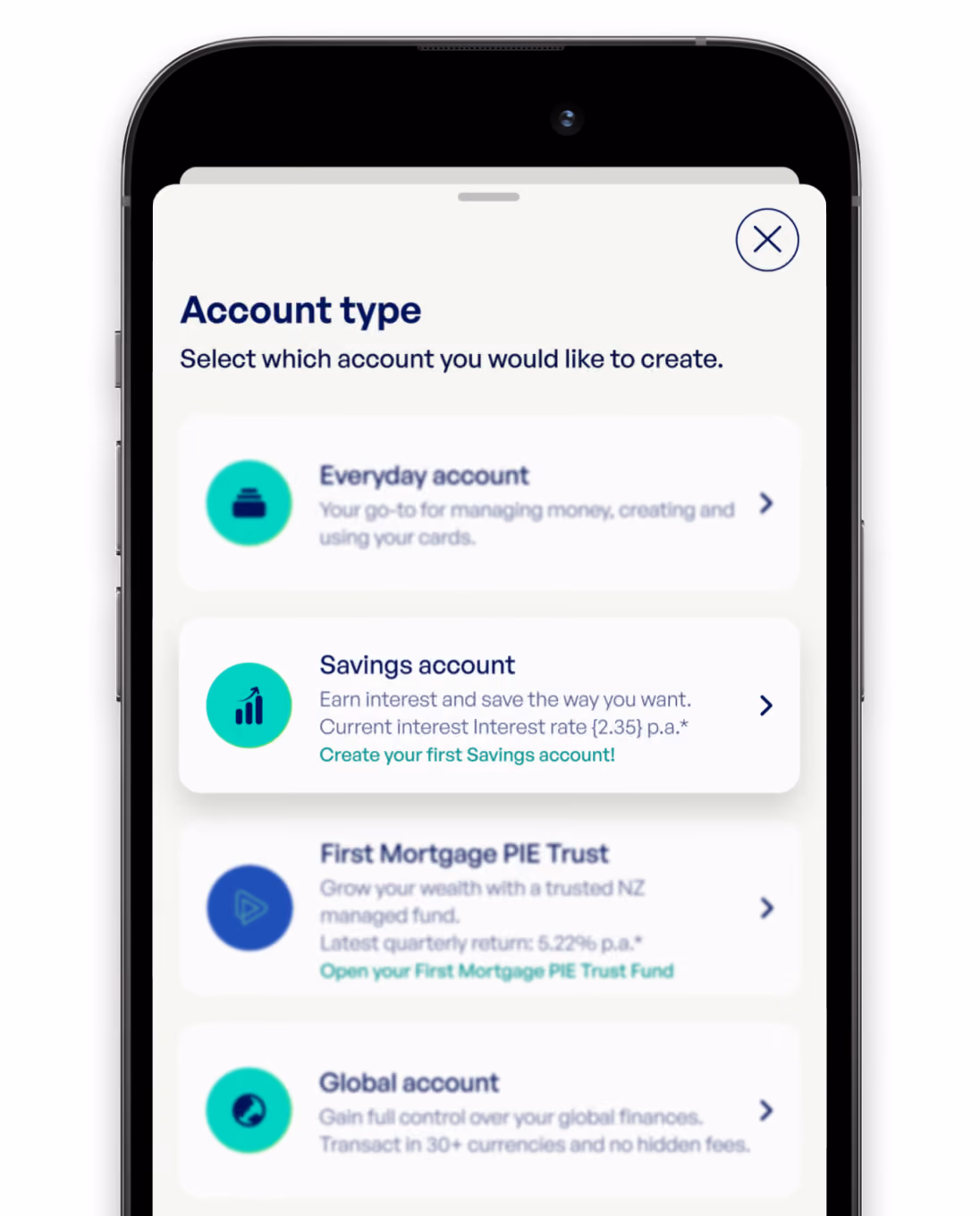 Mobile screen showing options to create account types: Everyday, Savings, First Mortgage PIE Trust, and Global accounts.