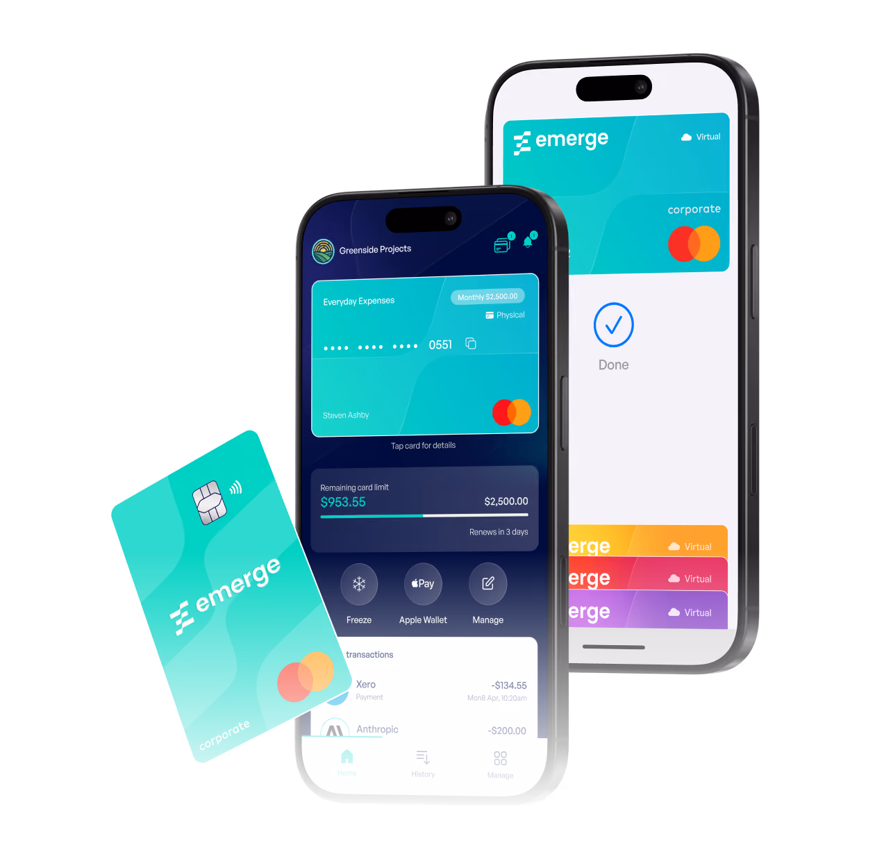 Two smartphones displaying Emerge corporate virtual and physical cards alongside an expense management app showing card details, spending limits and recent transactions.