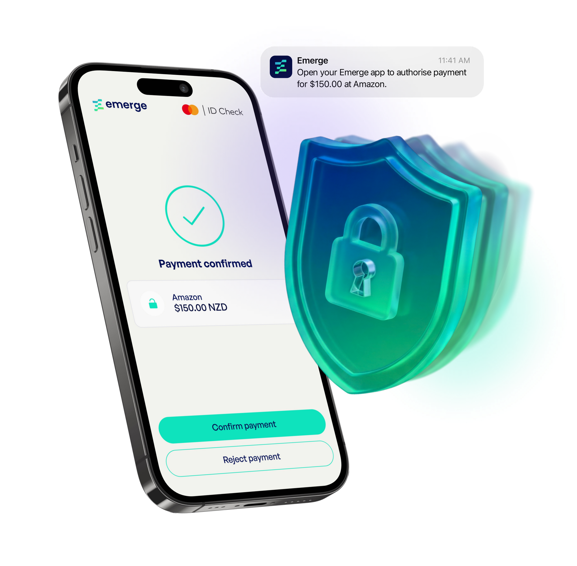Smartphone screen showing a payment confirmation for $150.00 NZD to Amazon via Emerge app, with options to confirm or reject payment and a teal shield with a padlock symbolising security.