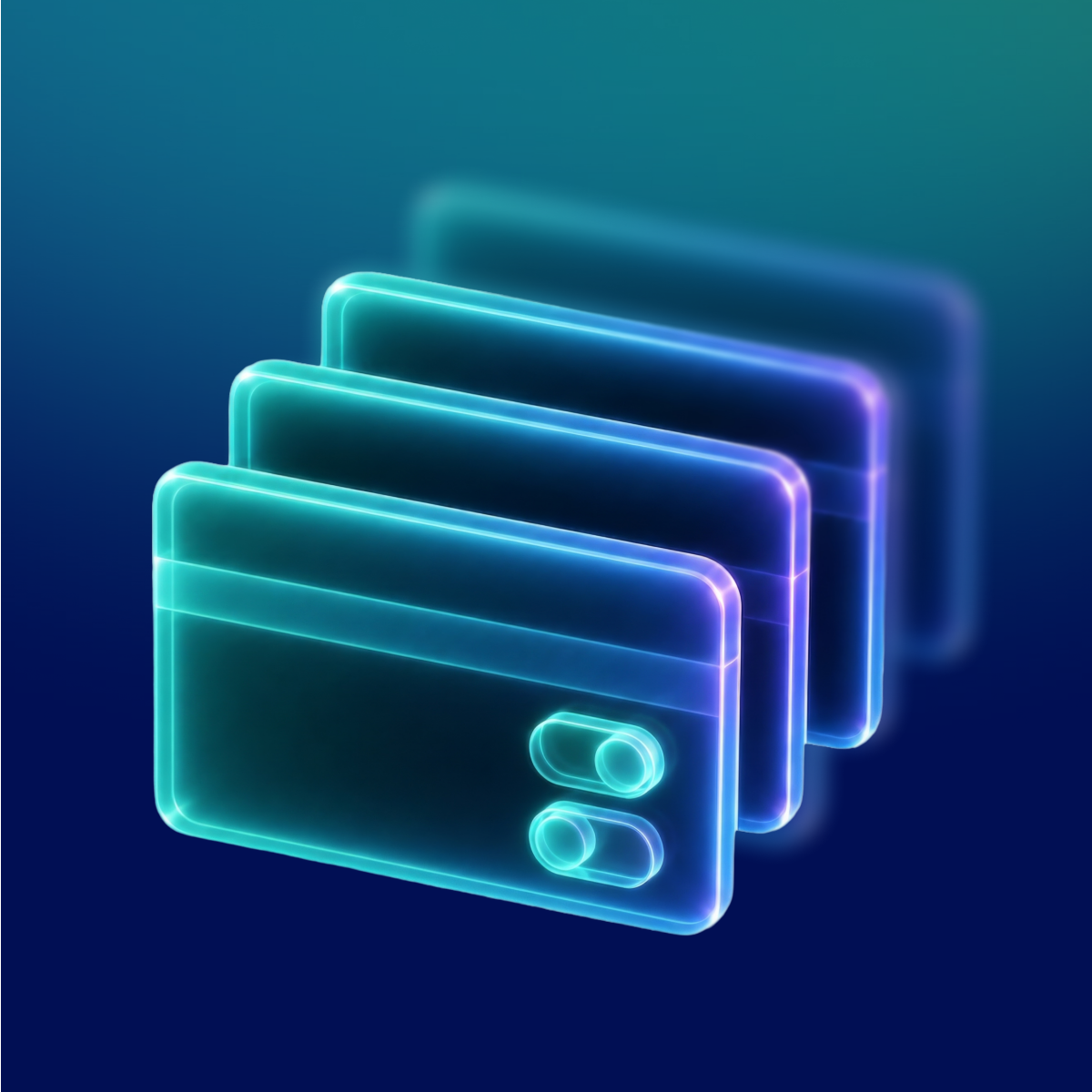 A stack of glowing outlined payment cards with spending control toggles, on a dark blue gradient.