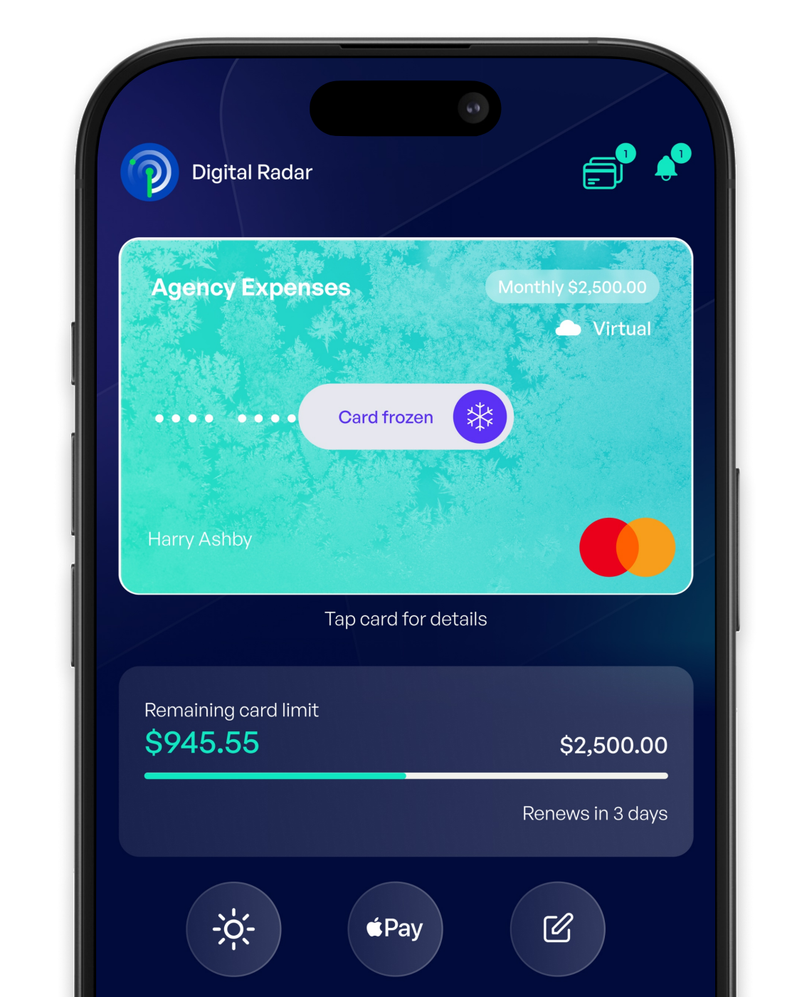 Smartphone showing the Emerge app with an Agency Expenses virtual card frozen, a $945.55 remaining card limit and Apple Pay controls.