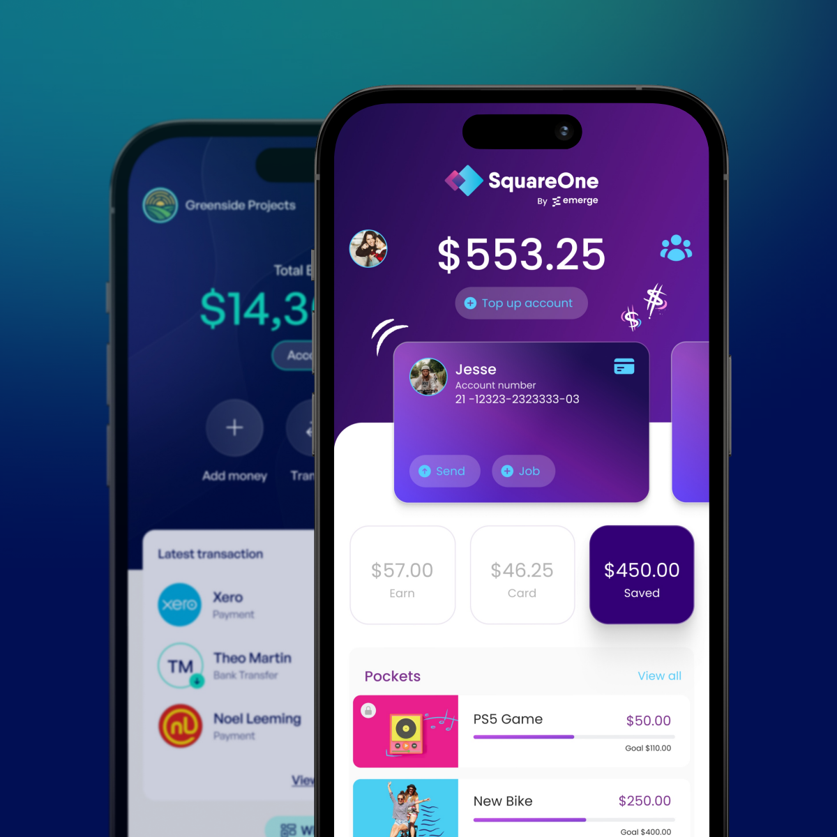 Two smartphones showing the Emerge and SquareOne apps with account balances and savings pockets.