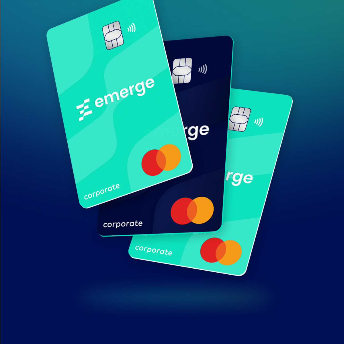 Three Emerge corporate Mastercard cards fanned out on a dark blue background.