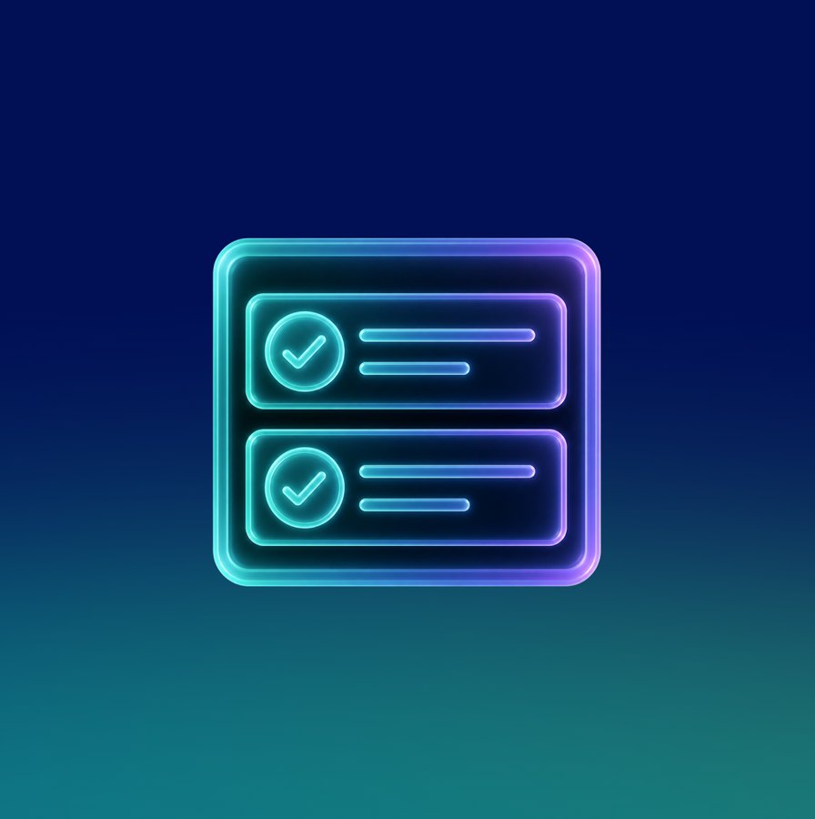 Glowing teal checklist icon on a dark blue gradient tile.