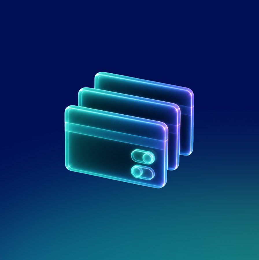 Glowing stack of payment cards on a dark blue gradient tile.