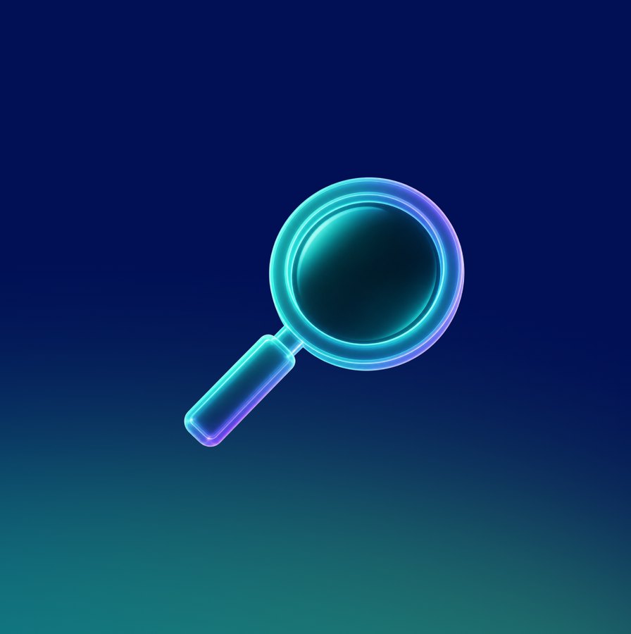 Glowing magnifying glass icon on a dark blue gradient tile.
