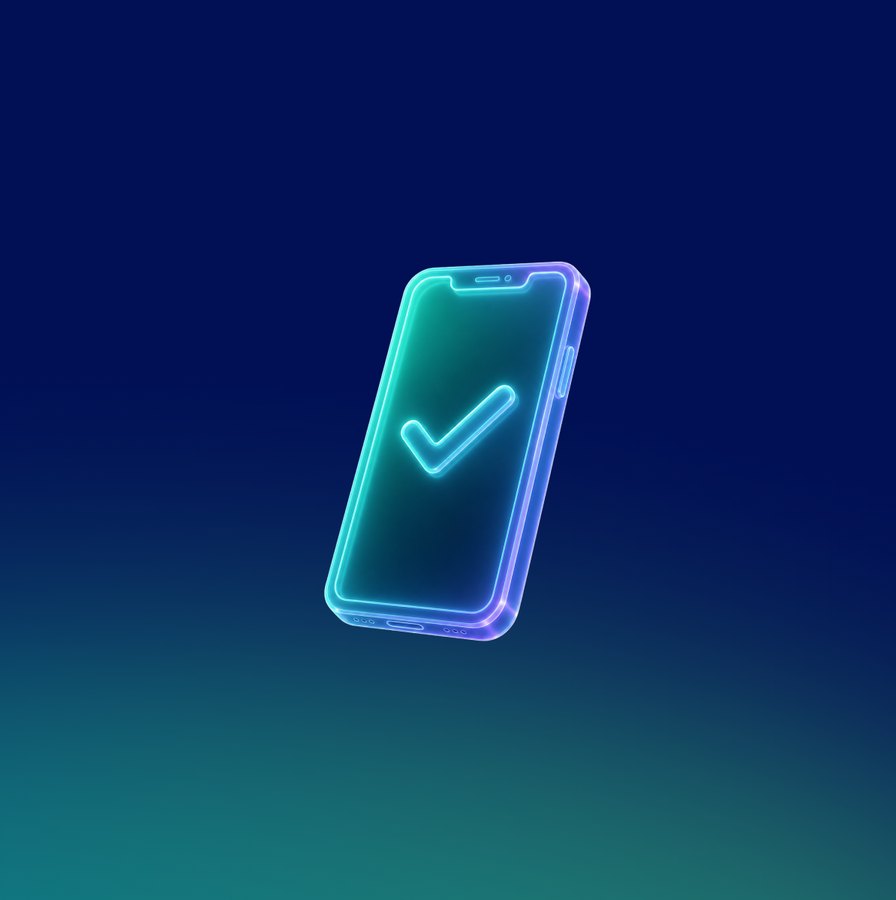 Glowing teal checklist icon on a dark blue gradient tile.