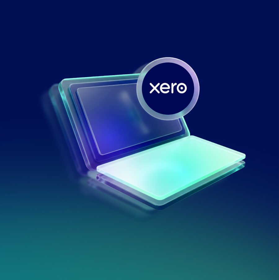 Glowing laptop icon with the Xero logo in a circle, on a dark blue gradient tile.