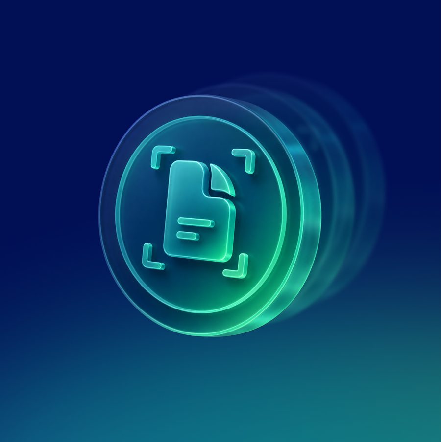 Glowing teal document-scan icon inside a circular disc, on a dark blue gradient tile.