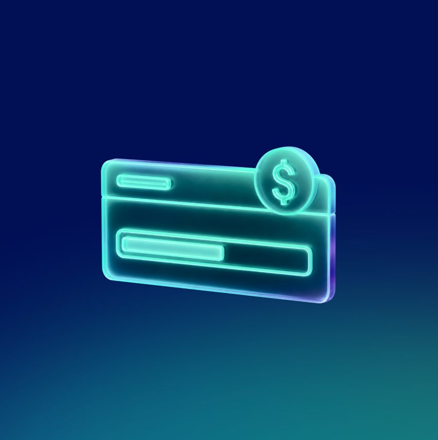 Glowing teal payment card icon with a dollar coin, on a dark blue gradient tile.