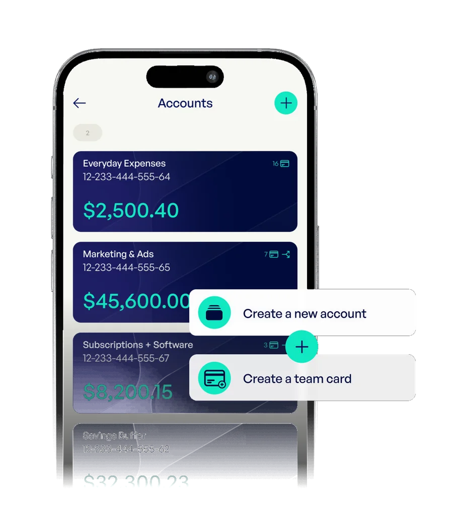 Phone showing a list of Emerge business accounts with balances, beside buttons to create a new account or a team card.