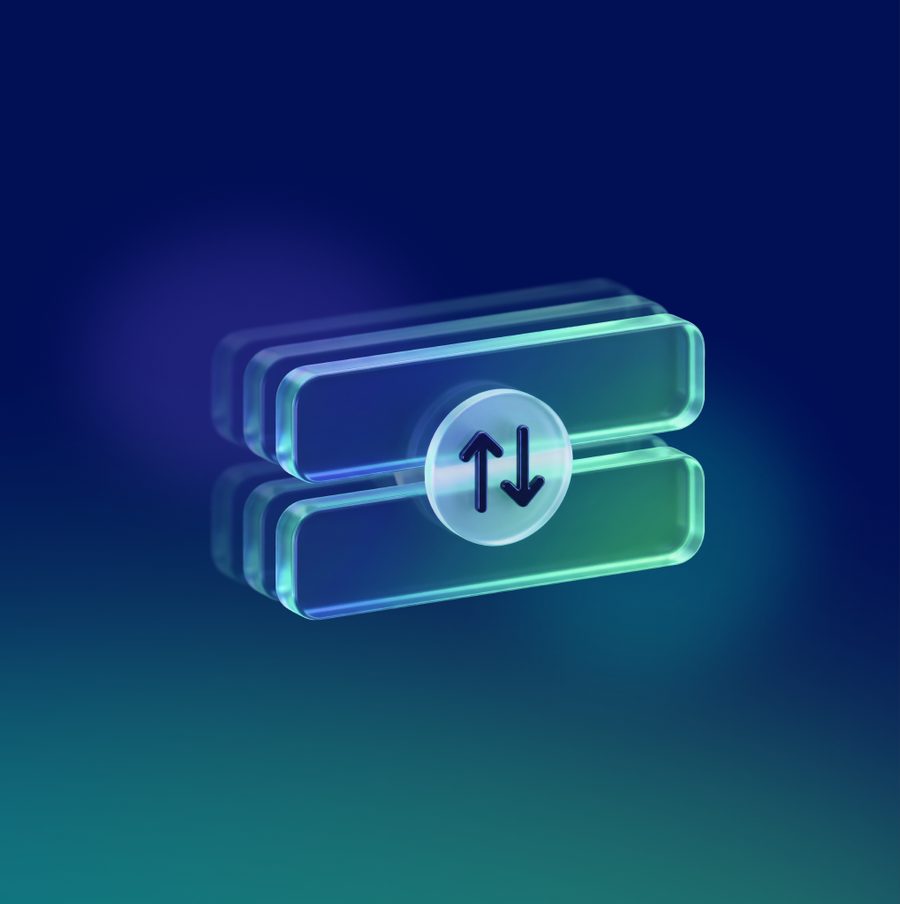 Glowing teal icon of two stacked bars with transfer arrows between them, on a dark blue gradient tile.