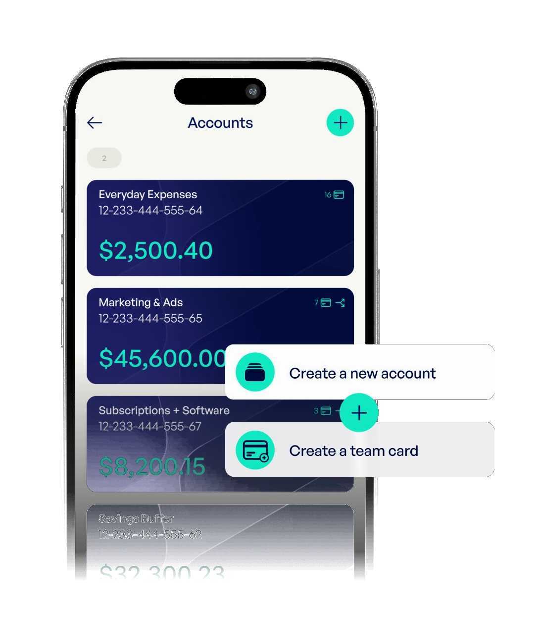 Phone showing a list of Emerge business accounts with balances, beside buttons to create a new account or a team card.