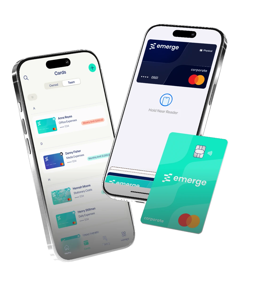 Two phones showing the Emerge app's team cards list and a card ready to tap, beside a teal Emerge Mastercard.