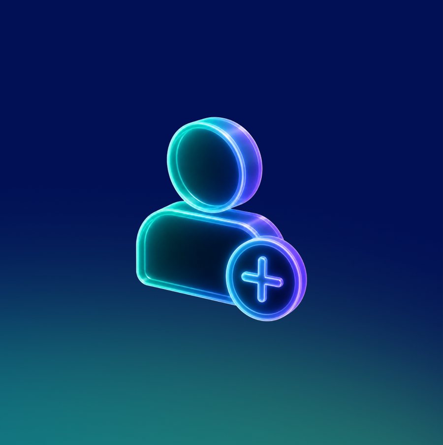 Glowing icon of a person with a plus sign, on a dark blue gradient tile.