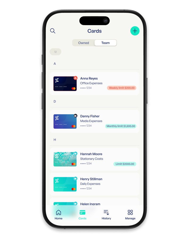Phone showing the Emerge Cards screen with team members' cards and their spending limits.