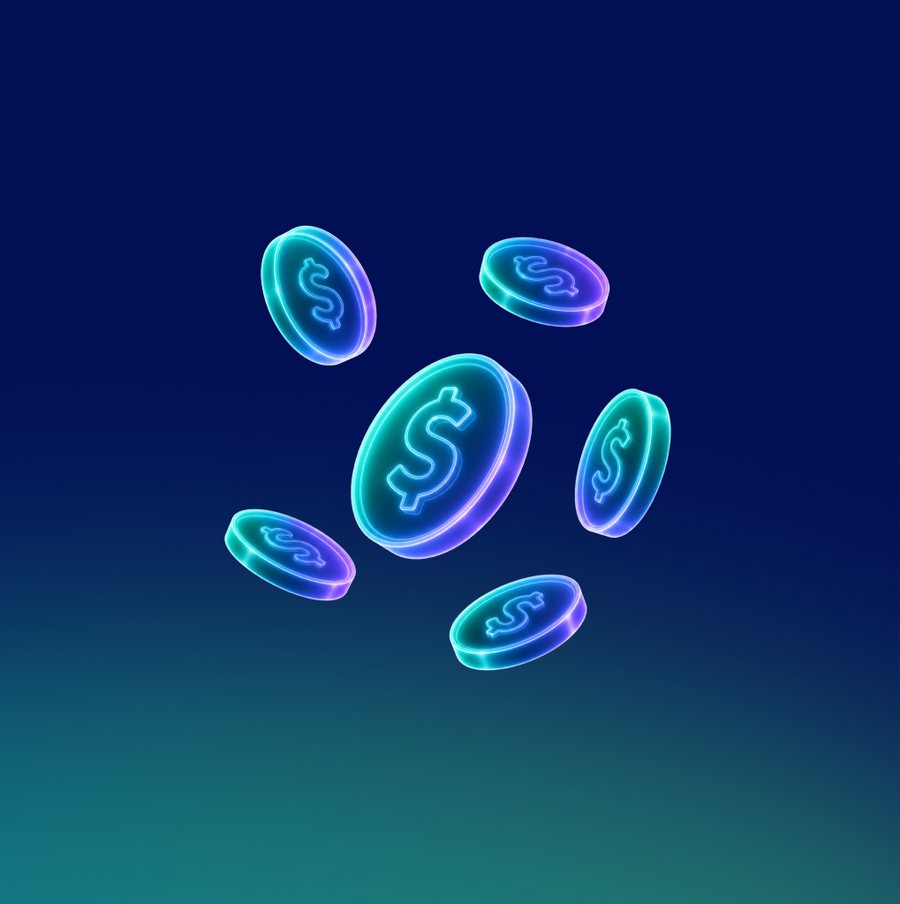 Glowing scattered dollar coins, on a dark blue gradient tile.