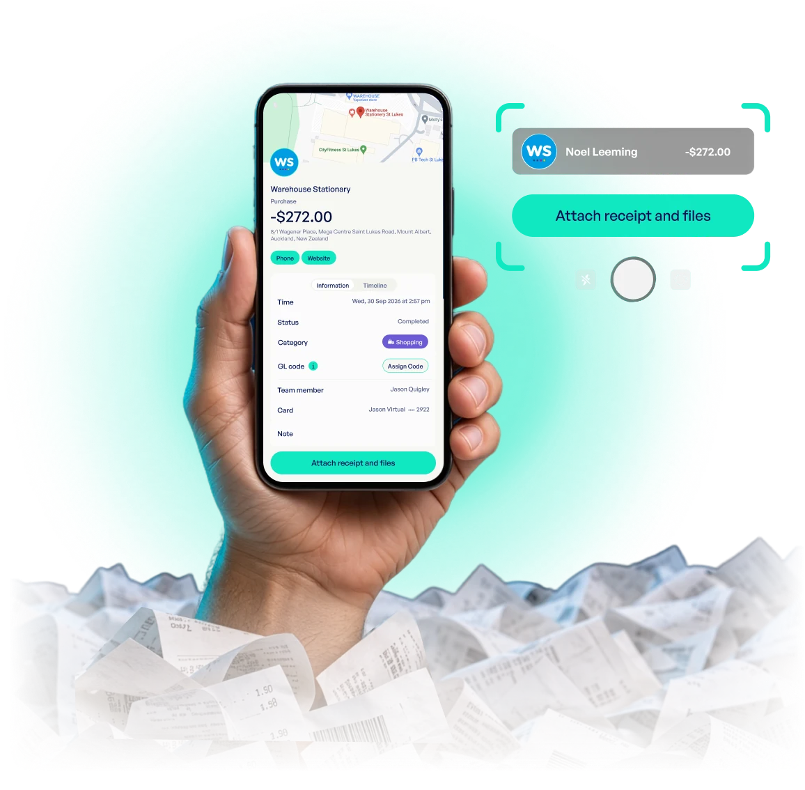 A hand holding a phone showing an Emerge transaction with a receipt attached, raised above a sea of paper receipts.