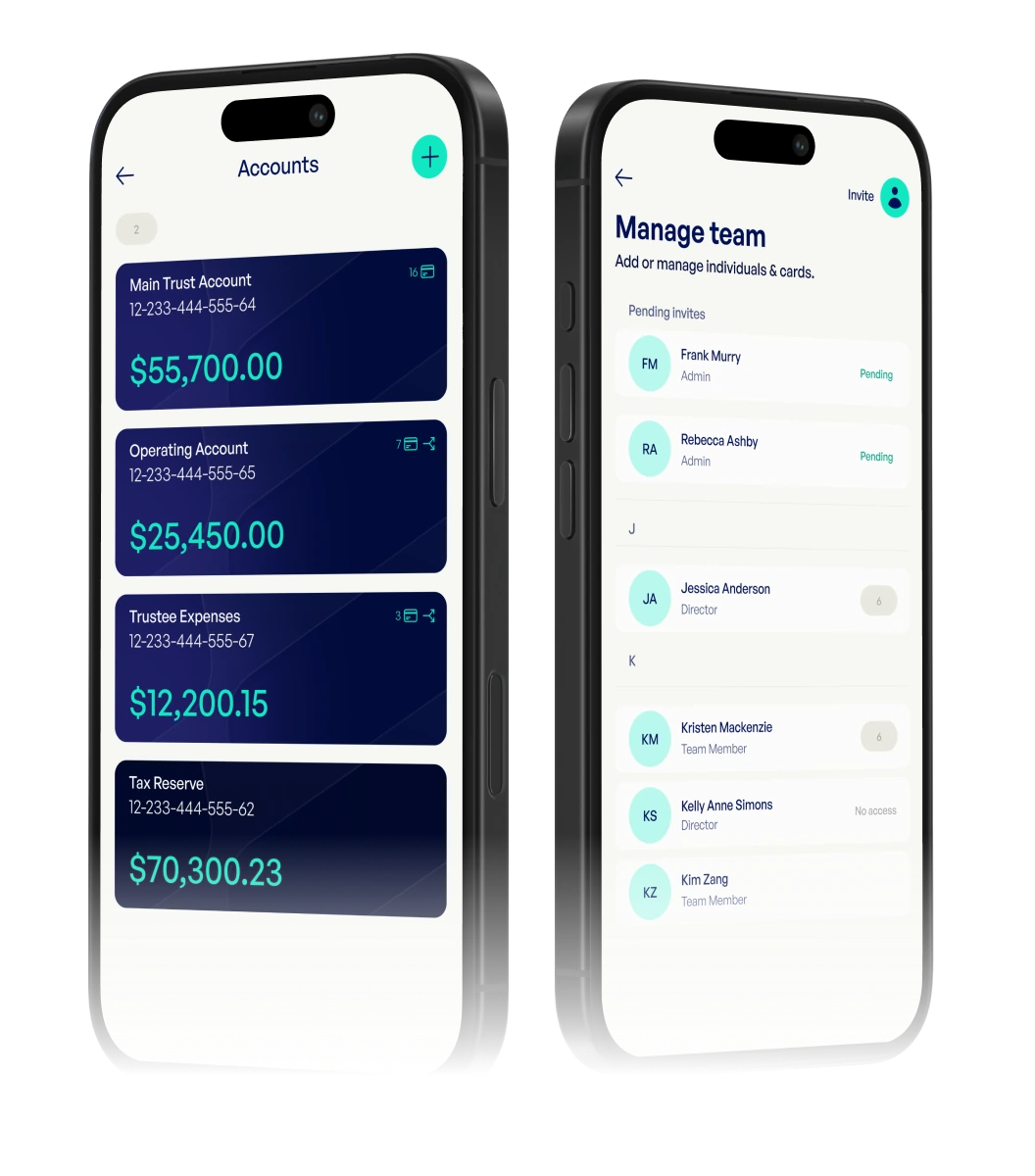 Two phones side by side showing the Emerge accounts list with balances and the manage team screen.