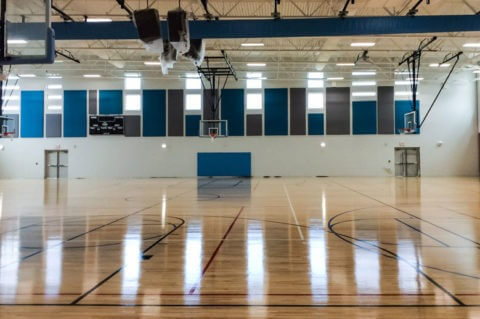 An indoor basketball court.