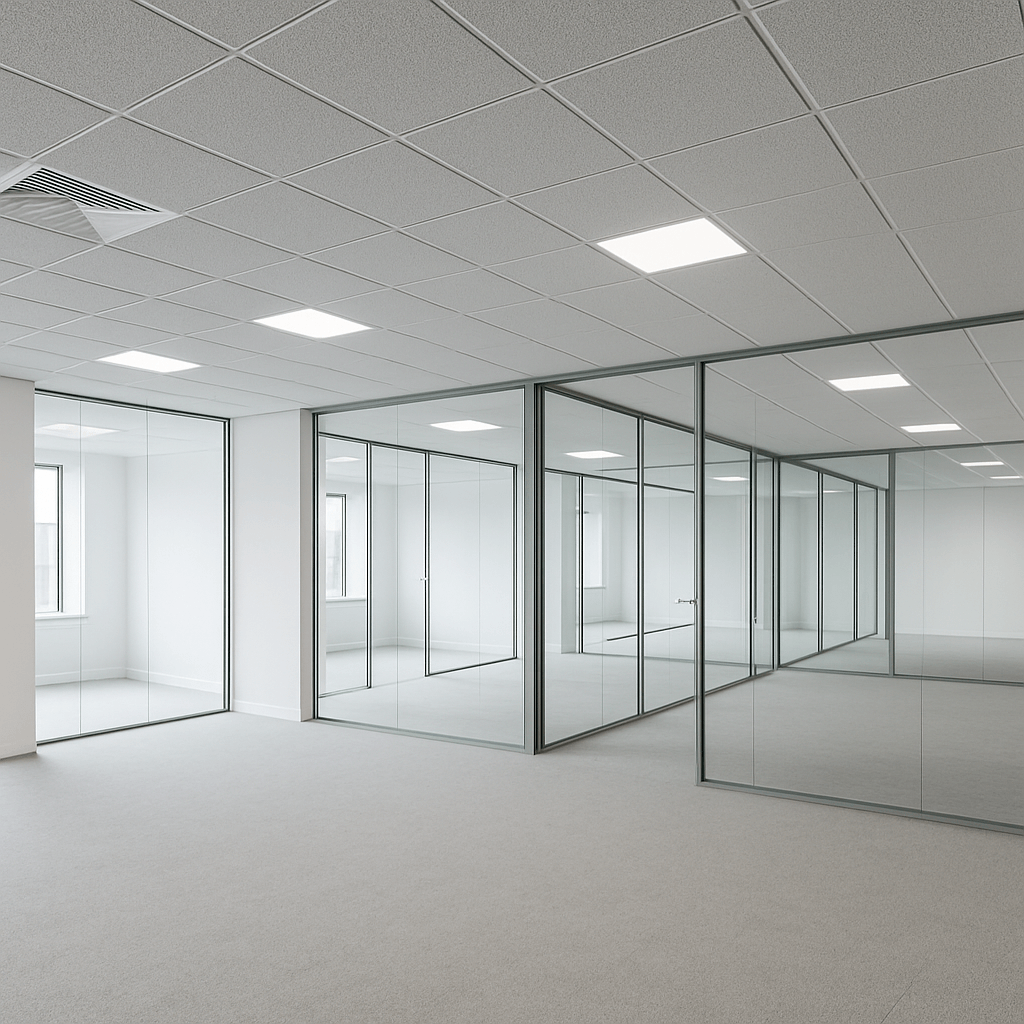An empty white room with glass walls.