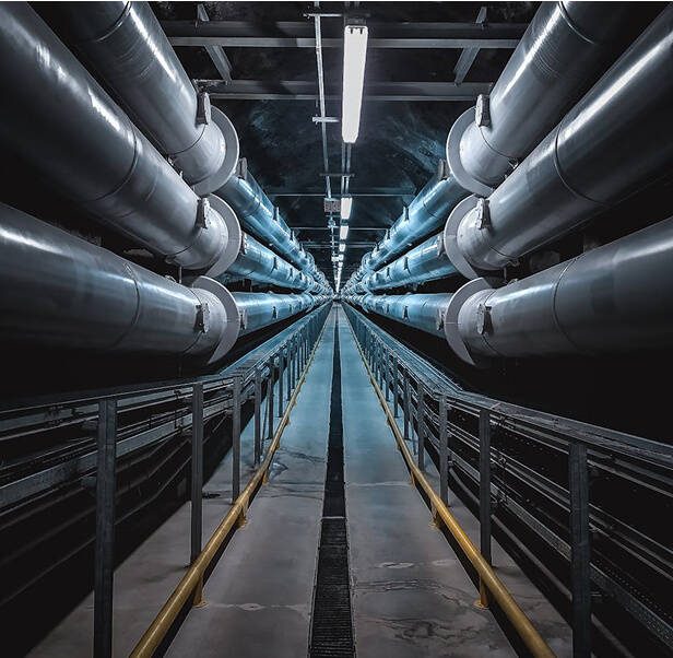 A perfect shot in the middle inside a room with metal pipes.