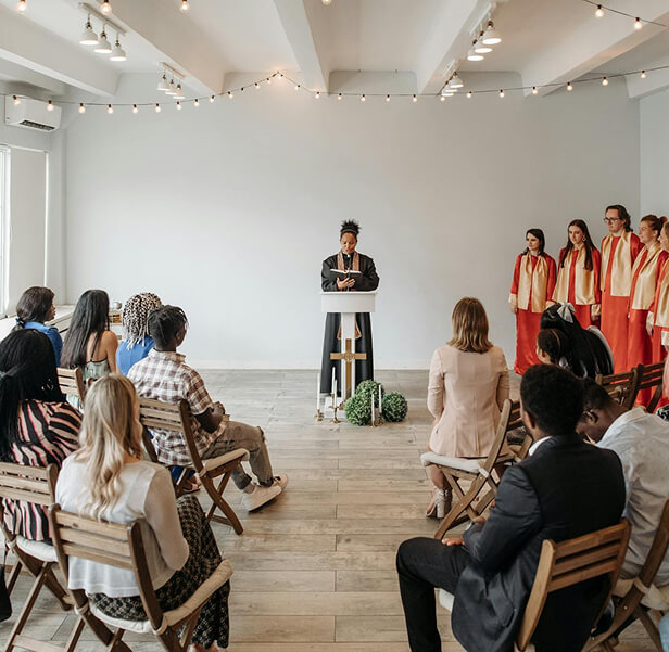 A worship group with members and choir.