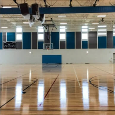 An indoor basketball court.