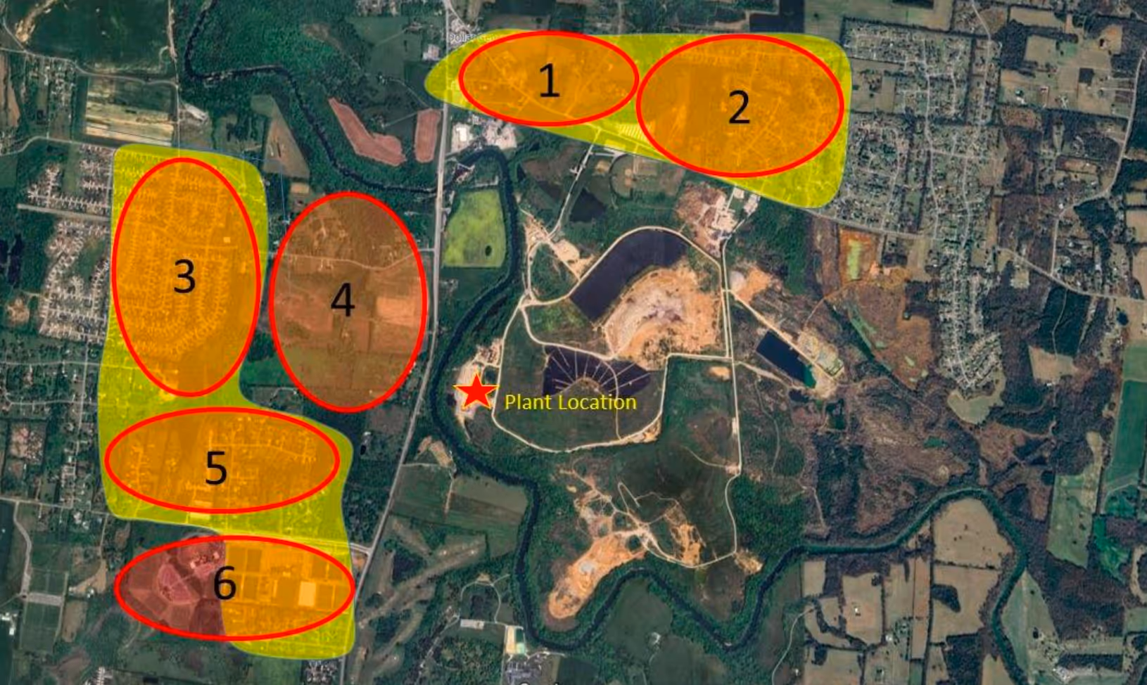 Aerial map showing six surrounding community zones labeled 1 through 6 near a marked plant location, used for environmental impact or sound propagation analysis